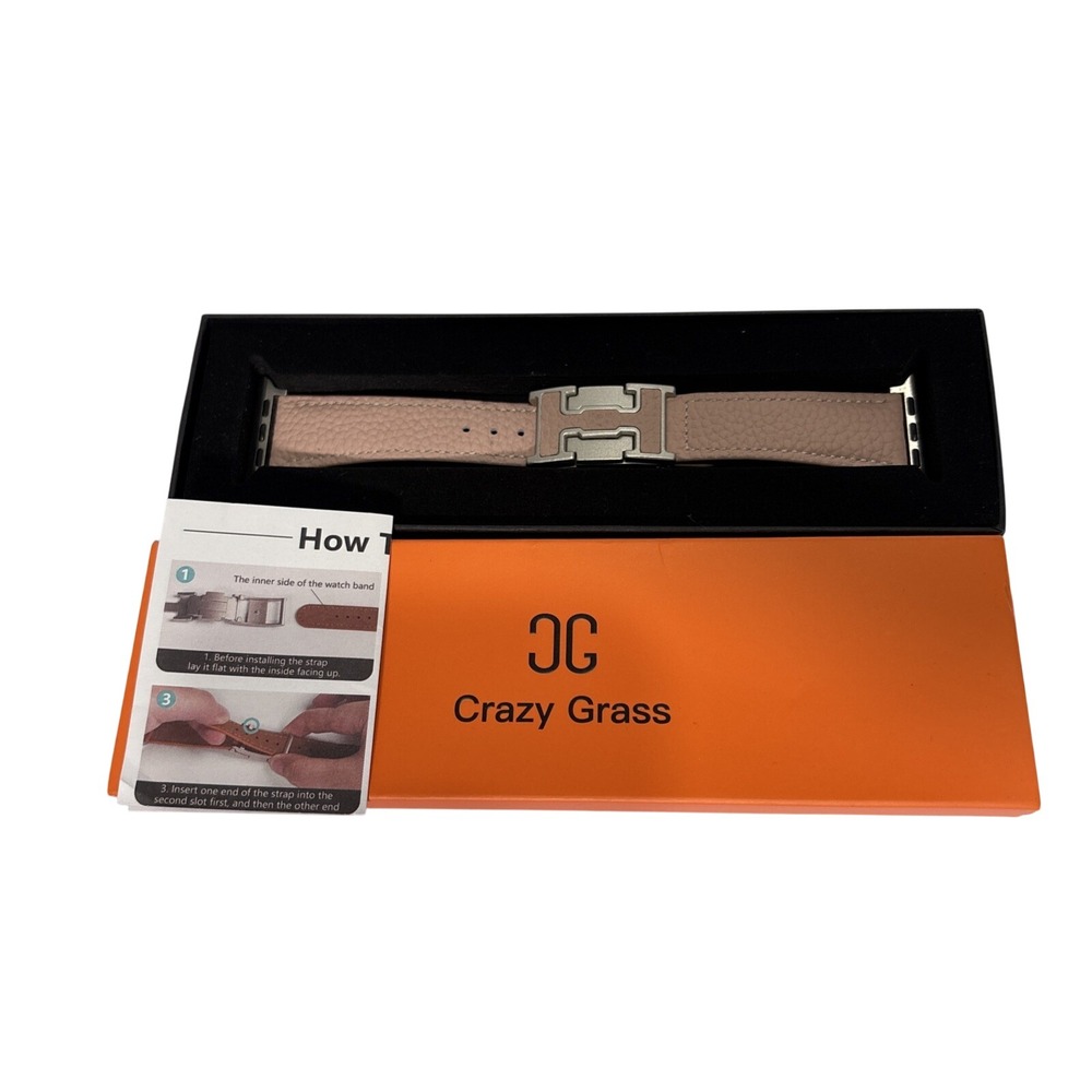 New Beige/Pink Leather 42mm Apple Watch Band Silver Metal Magnetic Hardware